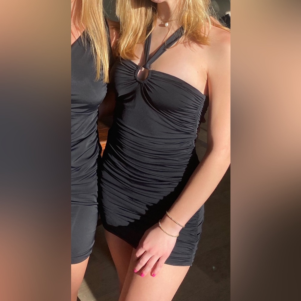 Princess Polly Black Mini Dress With Silver Detailed Neckline- Size 4